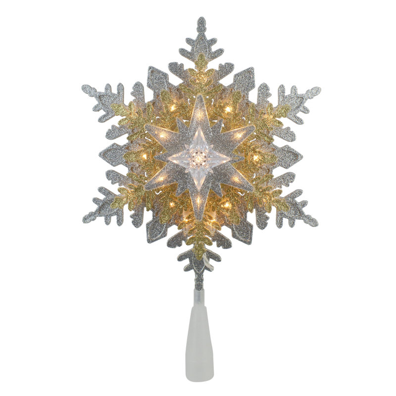 Décoration pour sommet de sapin de Noël en forme de flocon de neige 3 couches or et argent 13,5 po - lumières claires