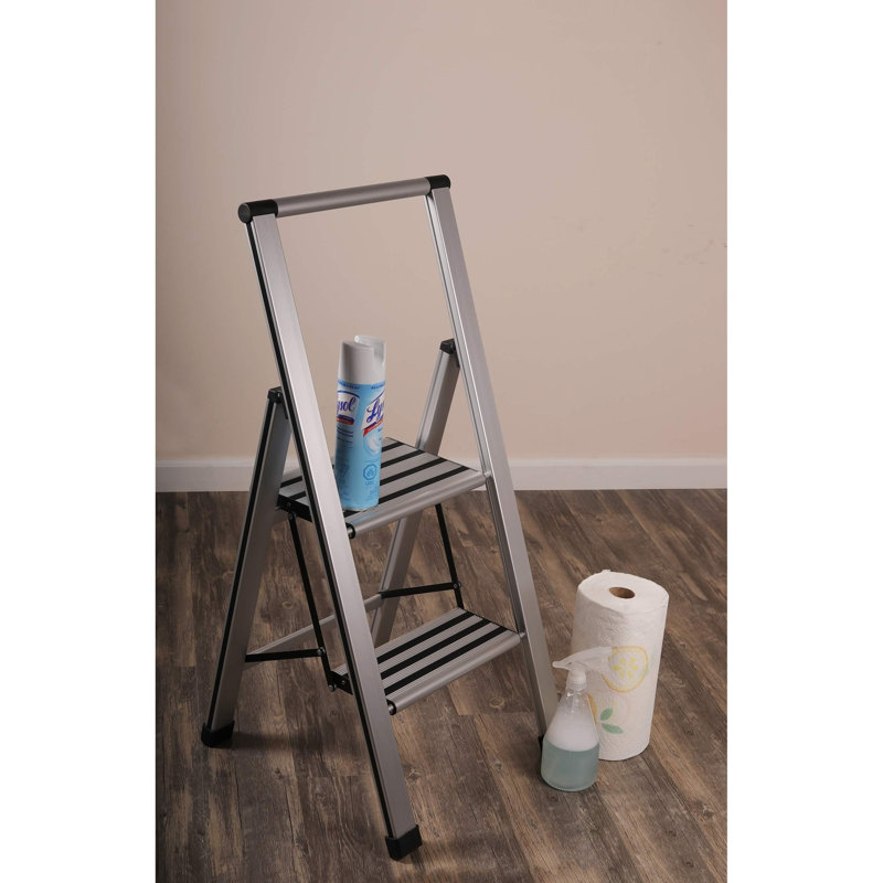 Échelle moderne en aluminium 2 marches Sorfey Premium. Léger, profil ultra mince, marches antidérapantes, robuste et portable pour la maison, le bureau, la cuisine, la photographie, finition en aluminium