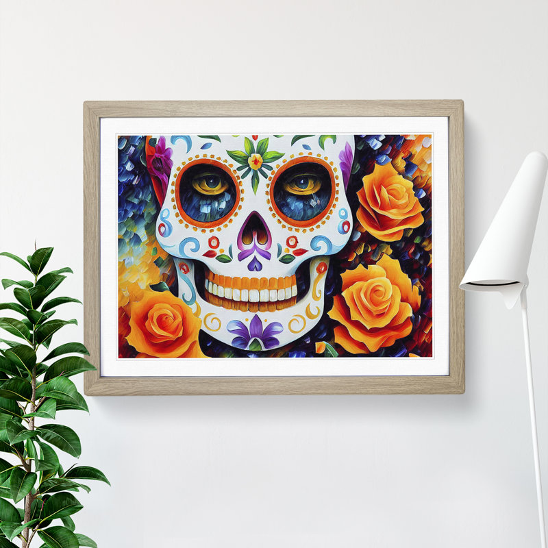 Decorated Floral Sugar Skull - Framed Print, Oak Framed, 46cm H x 64cm W x 2cm D