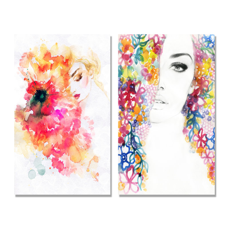 «Floral Woman Portrait III», ensemble de 2 peintures sur toiles, Toile tendue, H 20 po x l 24 po x P 1 po