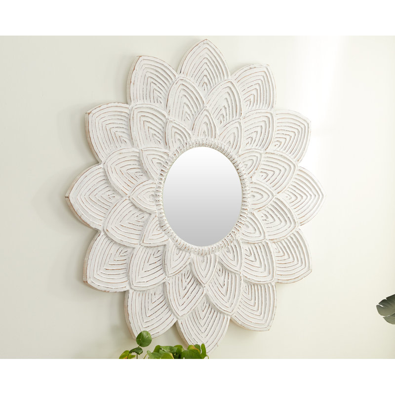 White Carved Floral Round Wood Wall Mirror