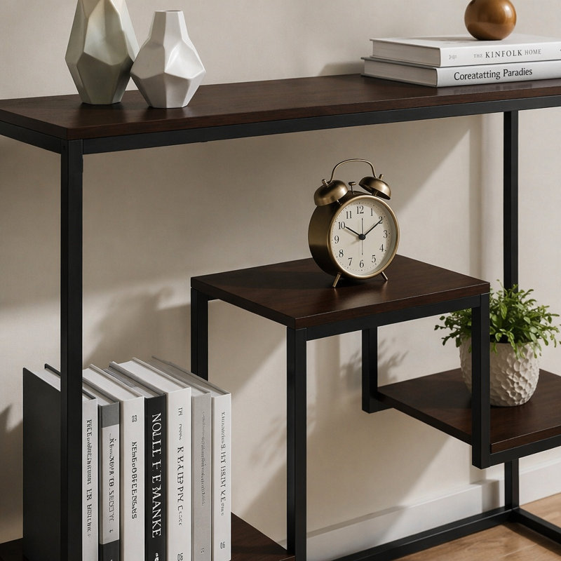 Table d'appoint, console, vestibule, étroit, canapé, salon, chambre à coucher, stratifié brun, métal noir, contemporain, moderne