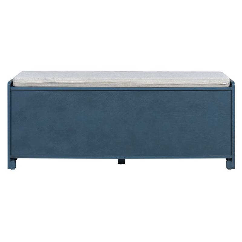 Banc de rangement rustique avec portes en rotin tissé et tablettes réglables, bleu marine antique, Bleu marine antique, beige