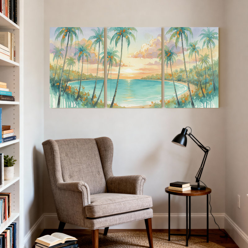 Palmiers, palmiers tropicaux, coucher de soleil, ensemble de 3 impressions sur toile, H 24 po x l 48 po