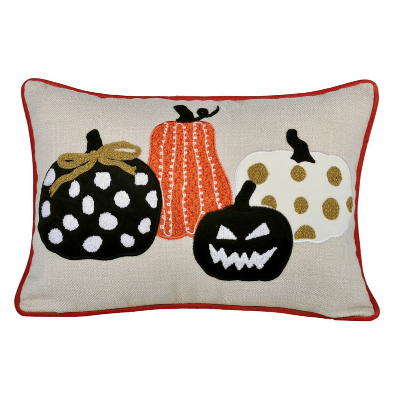 Halloween Pumpkin Embroidered Throw Pillow, Orange/Black/Brown, Rectangle 14"H x 20"W