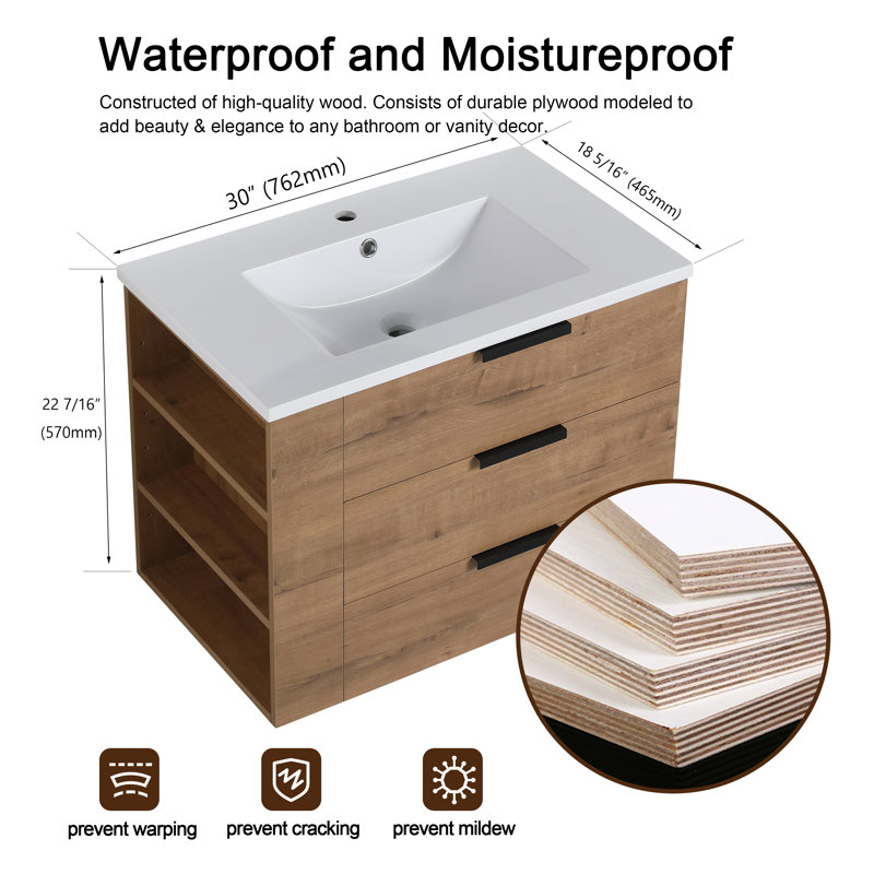 Meuble-lavabo mural 30 po avec lavabo simple en résine, tiroir à fermeture en douceur et tablette latérale, Chêne