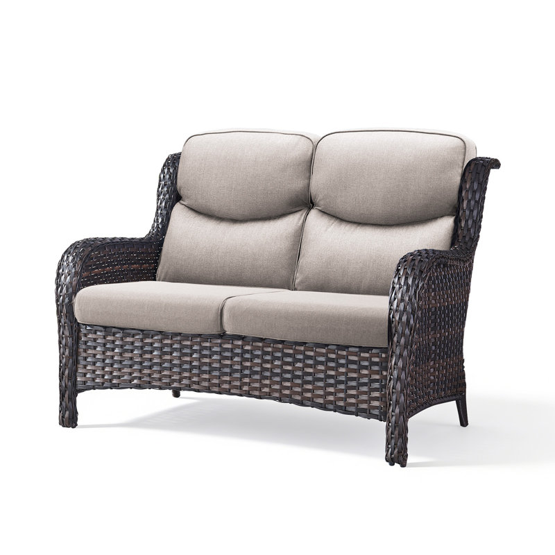 Simino Outdoor All-Weather PE Rattan Patio Loveseat With 5" Thick Cushions, Beige, Brown