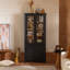 Vitrine de style Mid-Century moderne H 71,07 po avec portes doubles, placage en bois de frêne, tablettes réglables et charnières amortissantes pour rangement de cuisine-1278298397