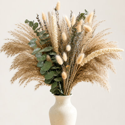 91PCS Bouquet d'herbes de pampas séchées - Boho fleurs séchées pour vase, pampas blanches et brunes, queues de lapin, eucalyptus, blé et lavande - décor floral naturel pour la maison, le mariage, la douche de bébé et les accessoires de photoshoot