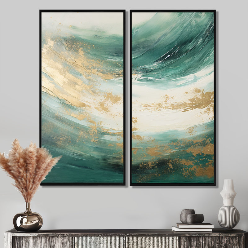 «Gold and Green Soft Wave Fusion - Abstract Shapes», art mural, H 32 po x l 32 po, Impression encadrée flottante, Noir