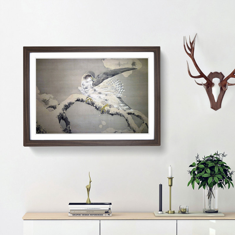 Falcon Birds by Matsumura Goshun - Picture Frame Painting Print, 27cm H x 36cm W x 2cm D, Walnut Framed