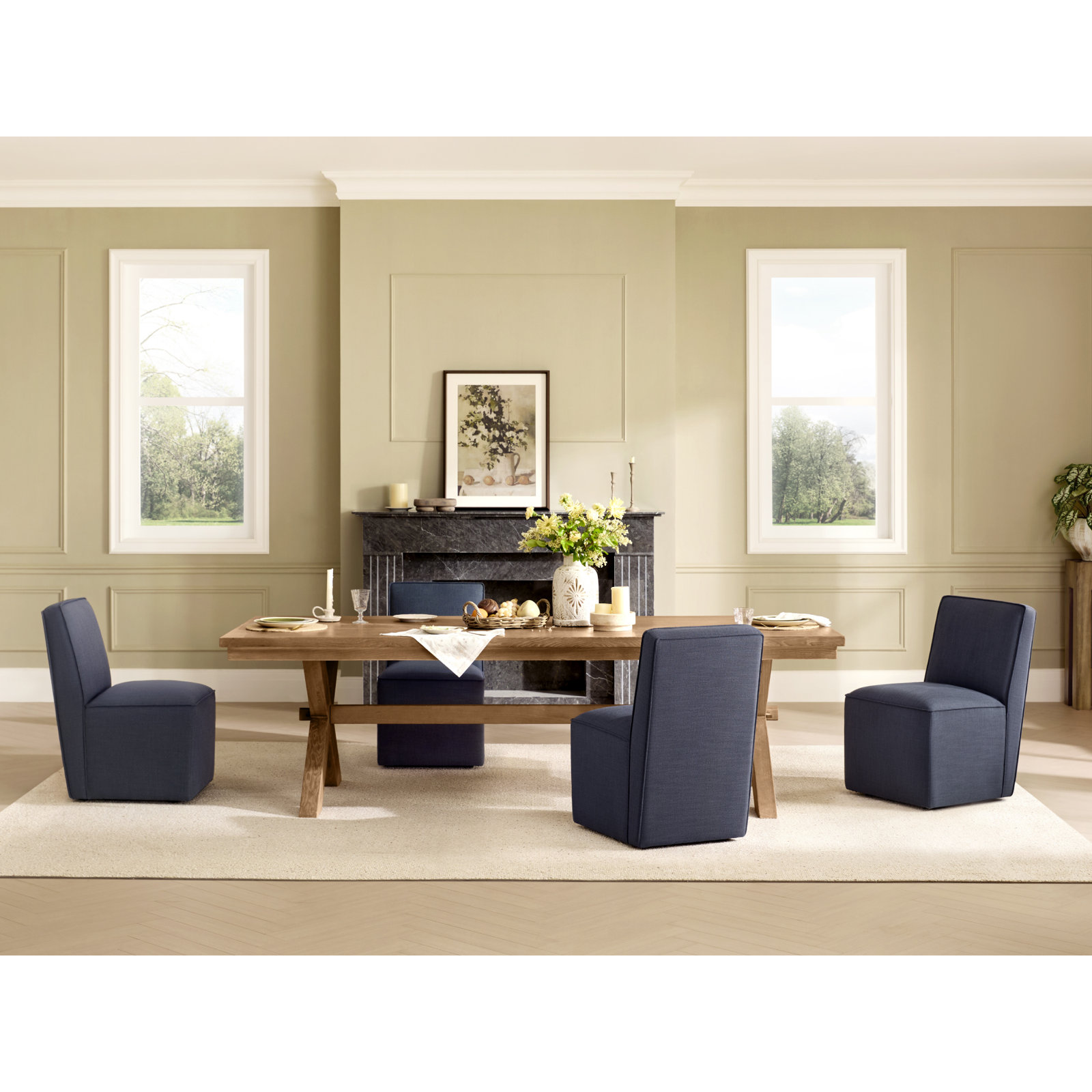 Henley Caster Wheel Dining Side Chair, Linen Effie Indigo