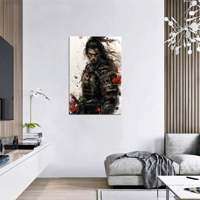 Canvas Wall Art Japanese Samurai Painting Prints Warrior Katana Picture Bushido Artwork For Bedroom Living Room Office Home Decoration Framed Ready To Hang (18''W X 24''H)