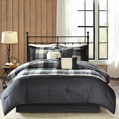 7 Piece Herringbone Comforter In Grey King - Buffalo Plaid Attraction, , Includes Comforter, 2 Shams, 3 Decorative Pillows And Bed Skirt Size With Distinction, Fill,