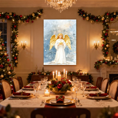 Ange de Noël tenant une étoile dans un ciel enneigé, ensemble de 3 impressions sur toile