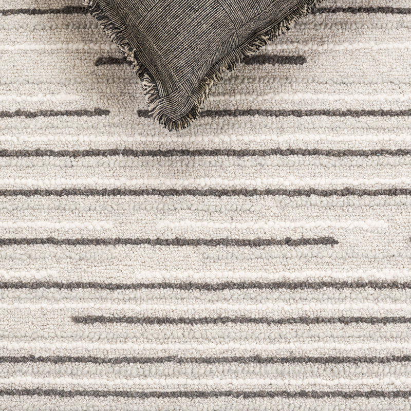 Huriya Ebony Hand Tufted Wool Cotton Striped Rug in Gray/Black, Rectangle 5' x 8'