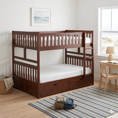 Itsue Transitional Wood Full over Full Bunk Bed with Under Bed Storage Boxes, Protective Guard Rails & Integrated Ladder