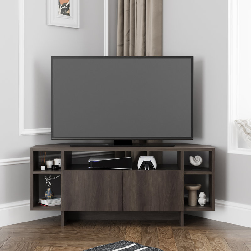 Era Corner TV Unit with Storage for up to 50 Inch TV - Modern TV Stand Cabinet with Shelves, Dark Walnut