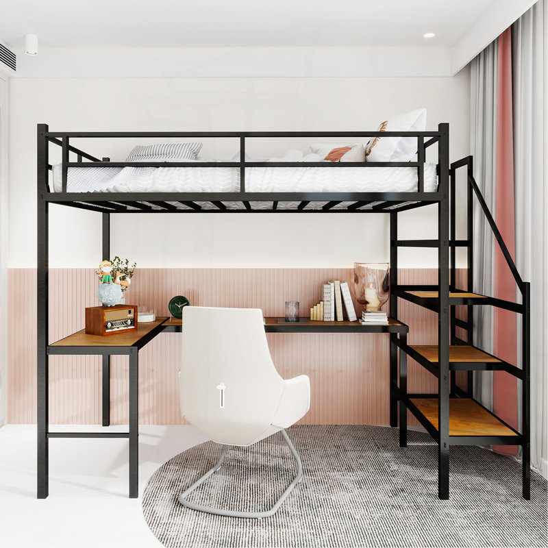 Loft Bed With L-Shaped Desk, Large Storage Space And Storage Compartments, Sturdy Bed Frame With Stairs, Continuous Belt Railing, Space-Saving, Noiseless, No Elephant Springs Required