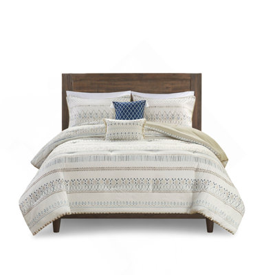 5 Piece Printed Seersucker Comforter Set With Throw Pillows, Cal King, Soft Blue And Taupe Southwest Design