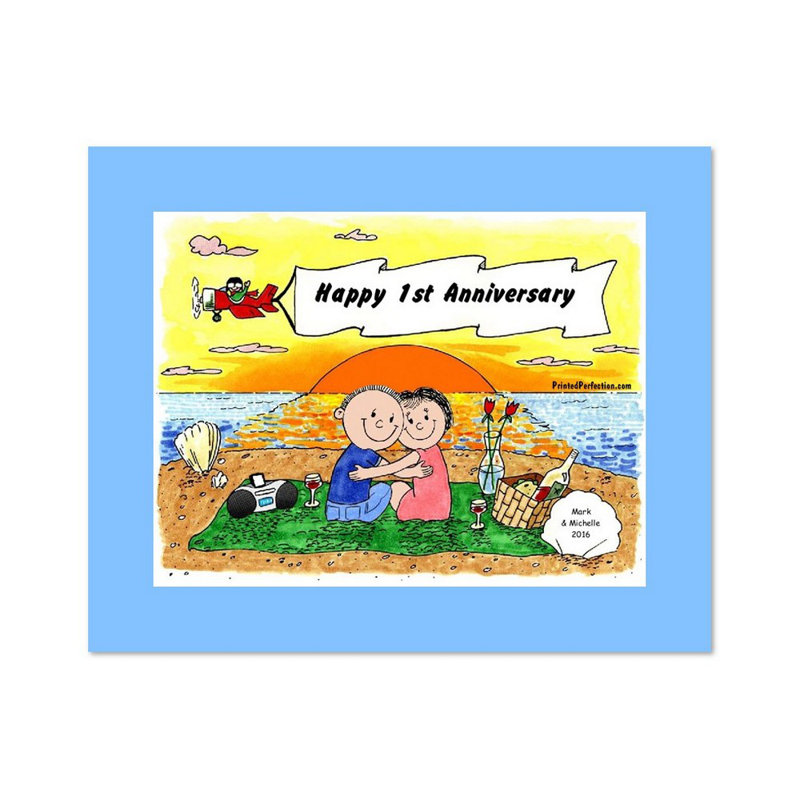 Personalized Lovers on the Beach Cartoon Caricature with a Mat, Ready to Frame, Yes