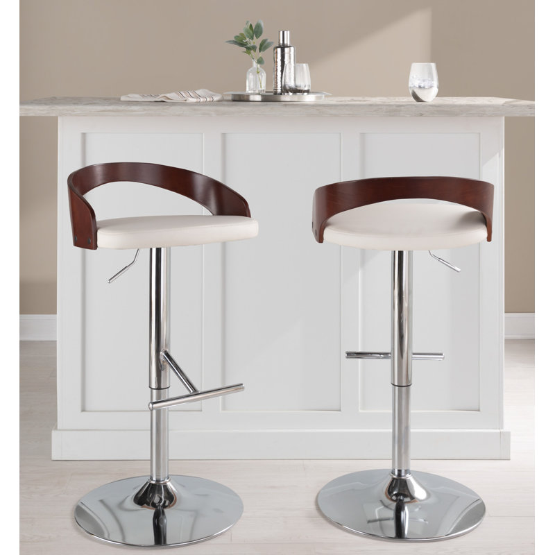 White Faux Leather Adjustable Swivel Barstool with Wood Backrest