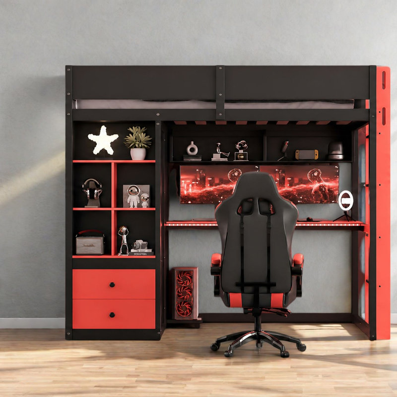 Lit mezzanine simple avec bureau de rangement et garde-robe, panneau de fibres à densité moyenne, bureau moderne, Noir