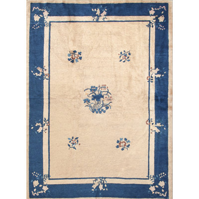 Tapis à motif floral ivoire beige et beige en laine noué à la main