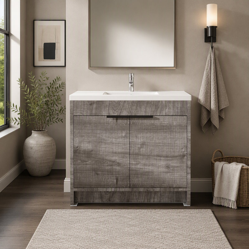 Meuble-lavabo autoportant de 91 cm avec lavabo, armoire en contreplaqué, porte à fermeture amortie, lavabo en céramique antidébordement