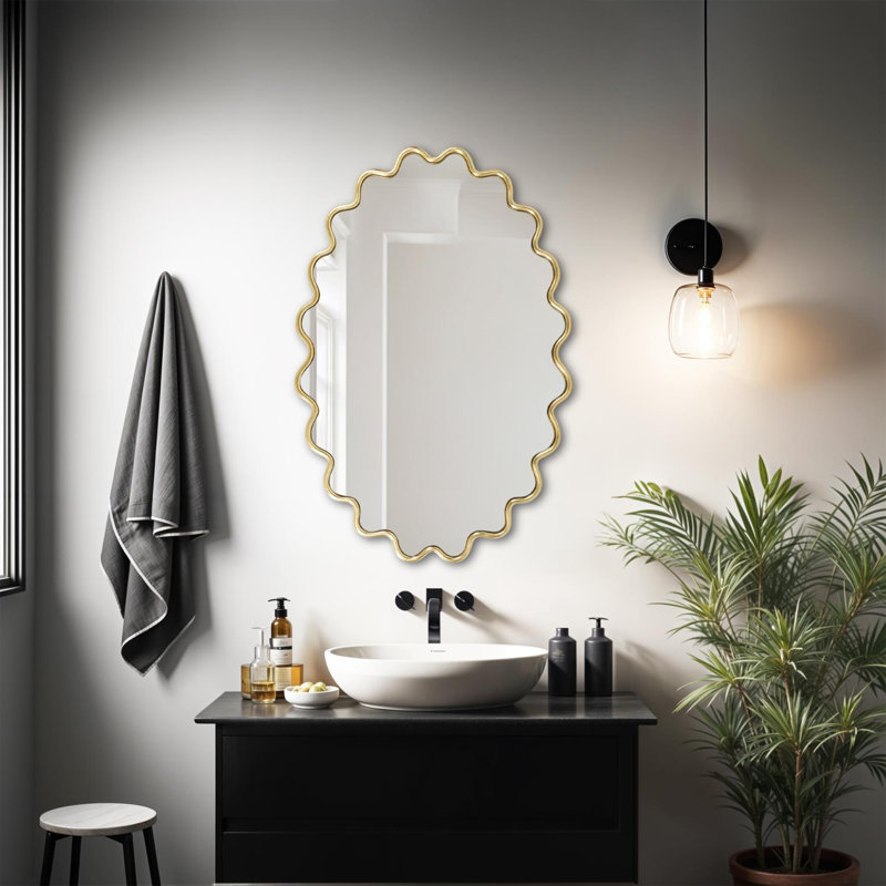 Modern Wavy Framed Oval Wall Mirror, Gold
