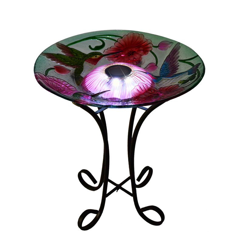 Solar LED Floral Glass Bird Bath with Metal Stand