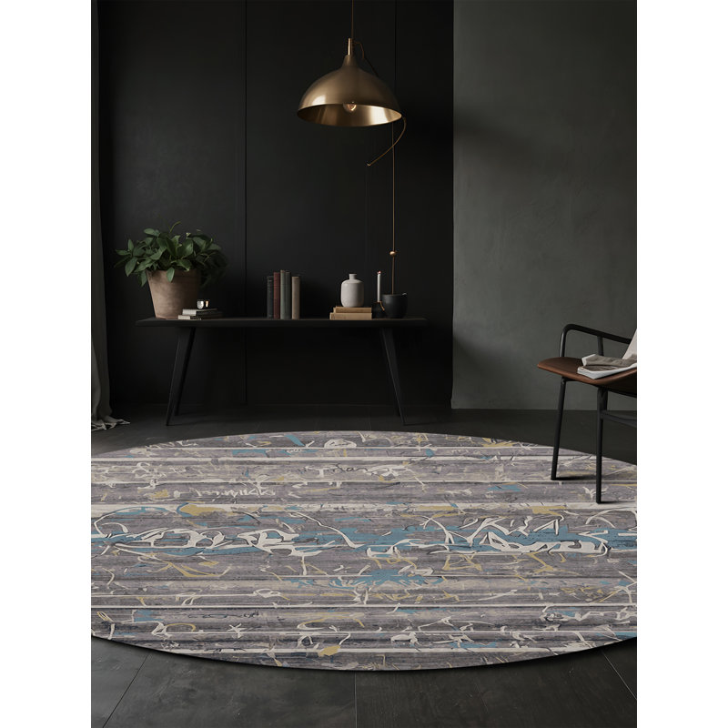 Machine Washable Gray Area Rug, Round 4'