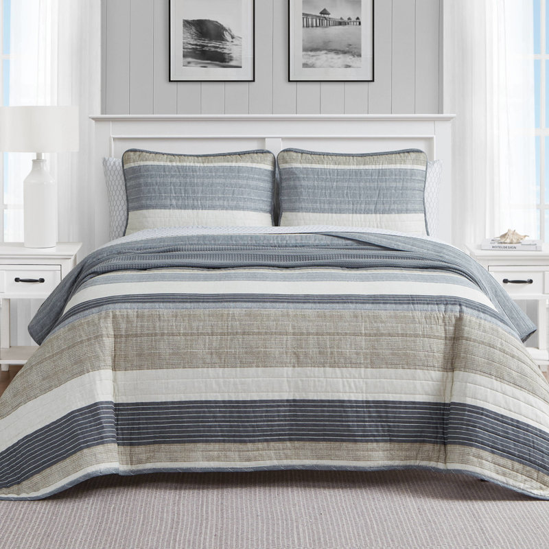 Ensemble de courtepointe réversible en coton Nautica Ridgeport, Courtepointe pour lit simple + 1 taie décorative 