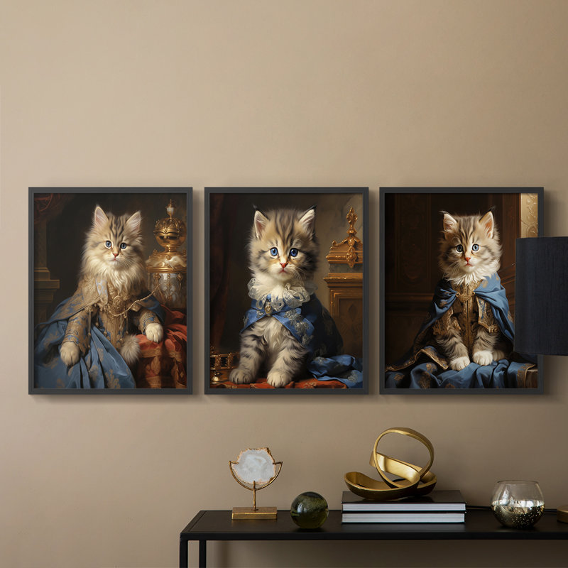 Série royale animaux LVI - ensemble de 3 estampes numériques encadrées - prêt à être accroché, Cadre noir, H 10 po x l 8 po