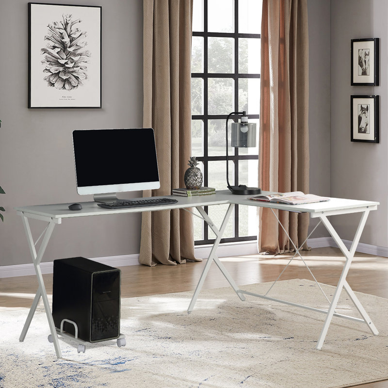 Demico L-Shaped Metal Base Computer Desk, White