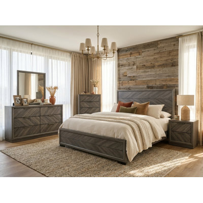 5 Piece Modern Farmhouse Bedroom Set, Gray Wood Queen Size Platform Bed with 5 Drawer Chest, 6 Drawer Dresser with Mirror, 2 Drawer Nightstand, Rustic Chevron Pattern Bedroom Furniture Set for Bedroom