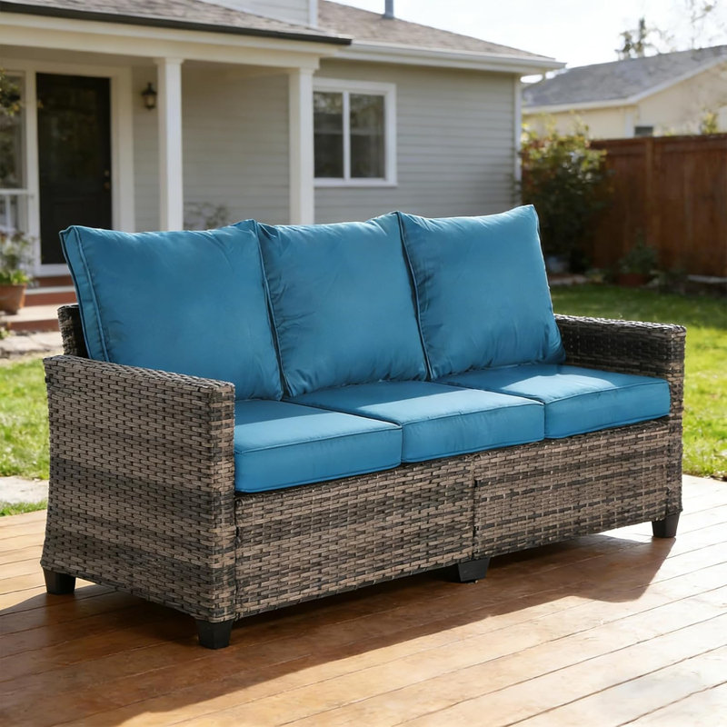 3-Seat All-Weather Outdoor Wicker Patio Sofa HDPE with Cushions for Gardens, Backyards, Porchlands,Peacock Blue