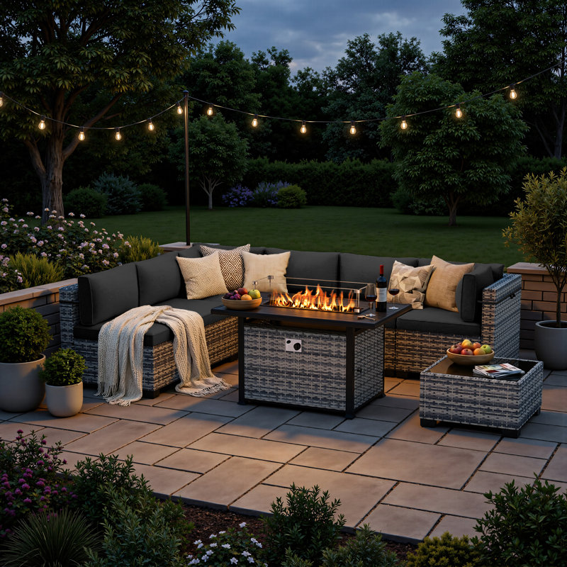 8-Piece Modular Outdoor Sectional Seating Set With Propane Fire Pit Table And Cushions, 3 Pcs: Sectional, Fire Pit, Table