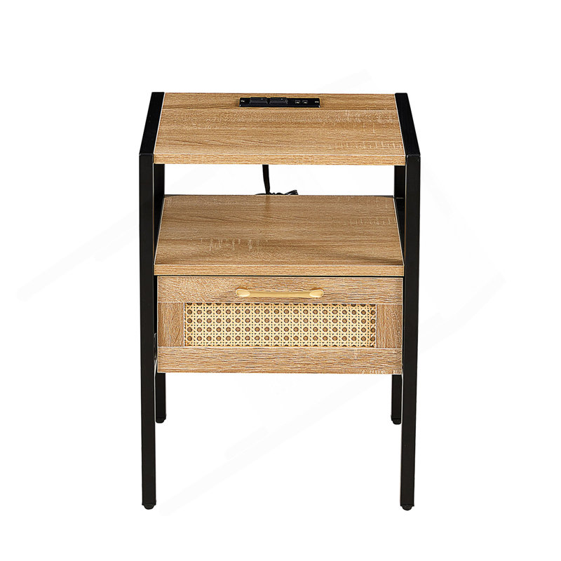 Table de bout en rotin avec prise de courant et ports USB, Naturel/noir, Individuel