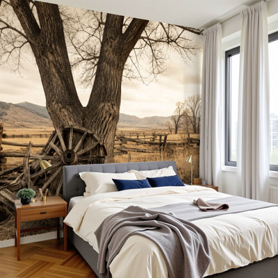 Peel and Stick Wallpaper 100" L x 144" W Modern Self Adhesive Wall Mural for Bedroom - With Rustic Wooden Wagon Wheel Against Old Tree Countryside Print