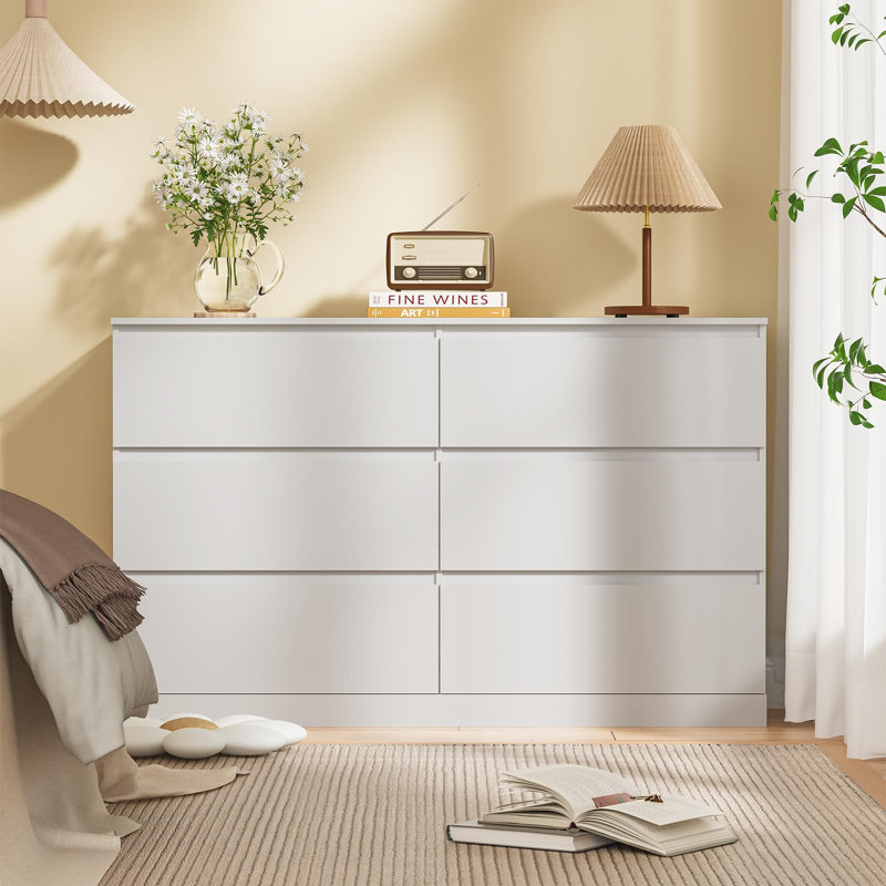 Commode 6 tiroirs en bois avec compartiment caché, coffre de rangement haut avec sécurité anti-basculement, Blanc