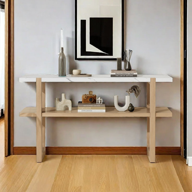 Console rétro élégante avec plateau en marbre et solutions de rangement polyvalentes pour le vestibule et le salon