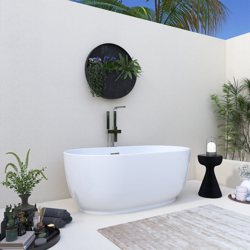 60" X 31.5" Freestanding Glossy White Acrylic Soaking Bathtub With Drain