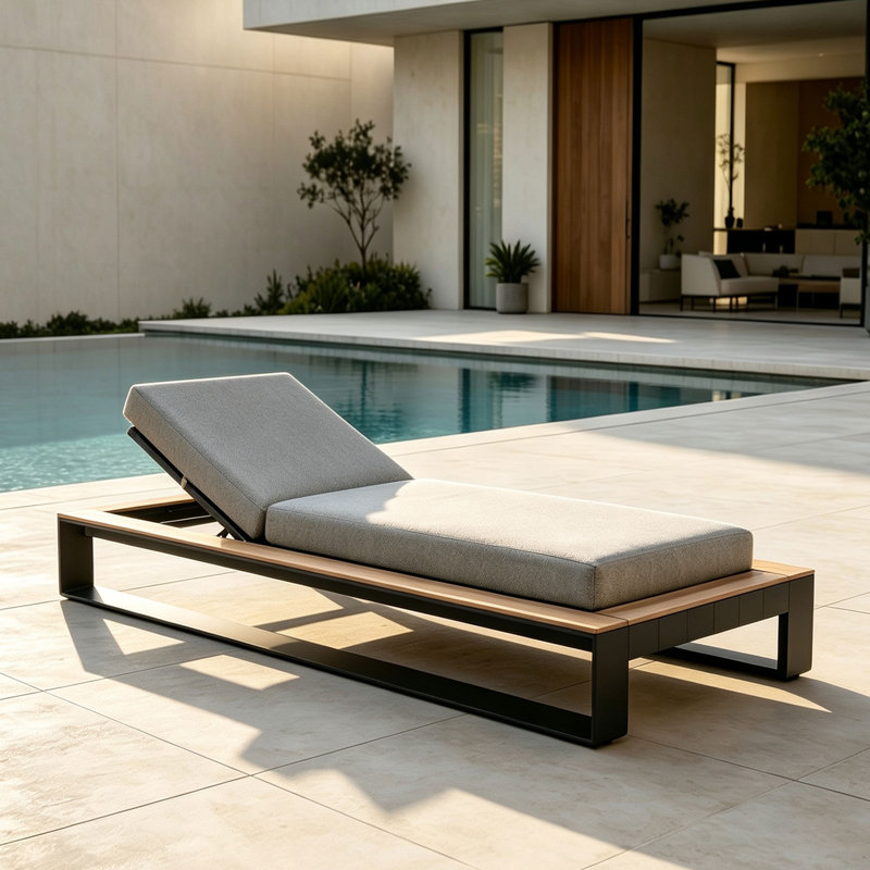 Chaise longue d'extérieur en aluminium avec coussin, accoudoir en teck Cambusa