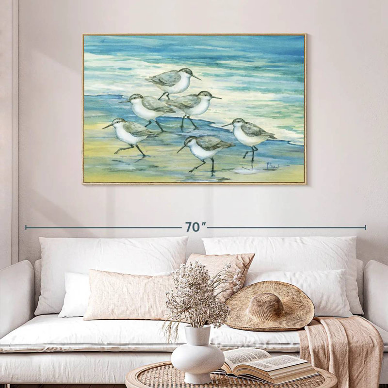 Surfside Sandpipers, 46" X 31", Floating Frame Natural Wood