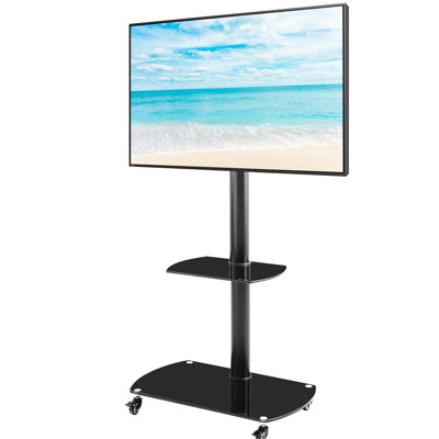 Height Adjustable Tv Rack, 32 - 65 Inch Tvs Compatible, Tempered Glass Shelves, Metal Frame, Lockable Wheels, Space Efficient Stand For Tvs, And Angle, Style