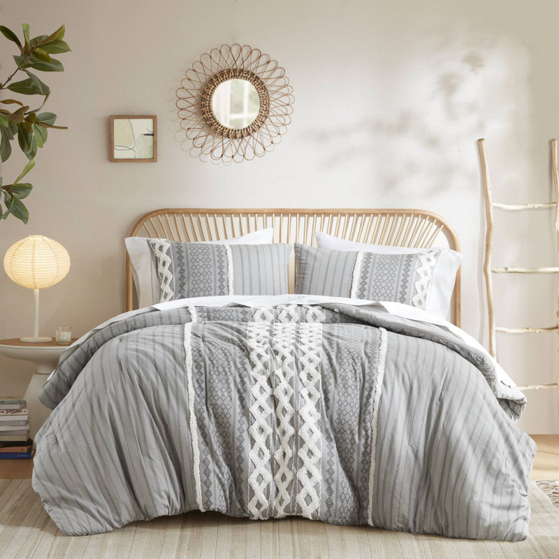 Ensemble d'édredon en coton Imani, Édredon double / grand + 2 taies décoratives sta, Gris