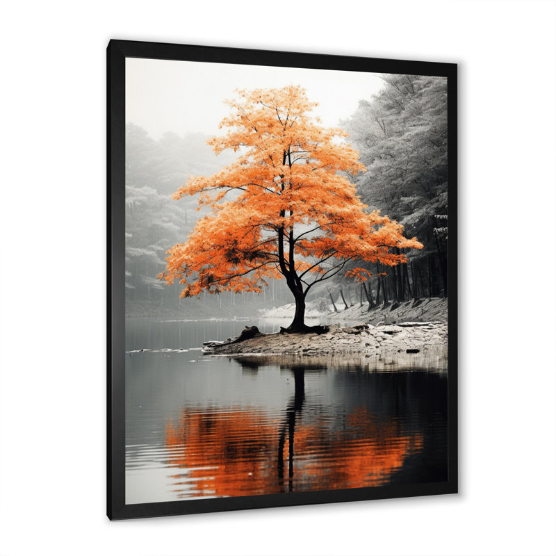 Orange And Grey Forest Autumn Elegance II - Forest Canvas Art, Single Picture Framed, 32" H x 16" W, Black