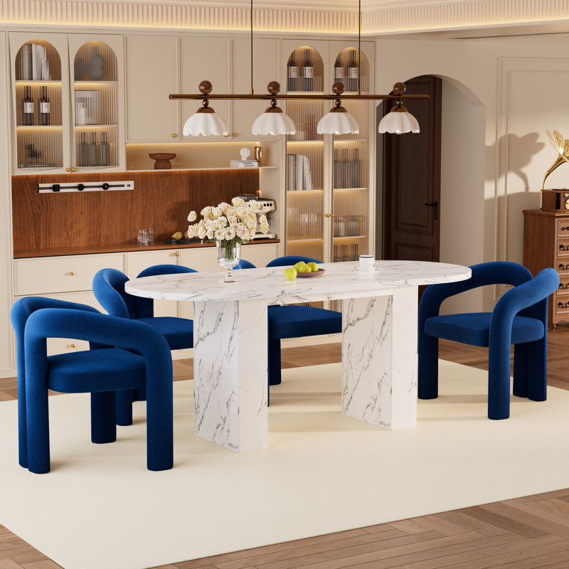 Ensemble de table de salle à manger 62,9 pouces, Blanc, 5 pièces: table, 4 chaises, Bleu