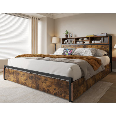 Weissmann Bed Frame with Bookcase Headboard, 6-Drawer Storage & Charging Station ,Full/Queen/King by 17 Stories